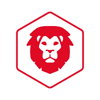 Red icon with a lion's head in the center