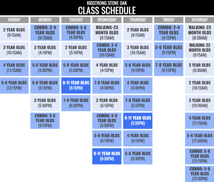 KidStrong Stone Oak Schedule