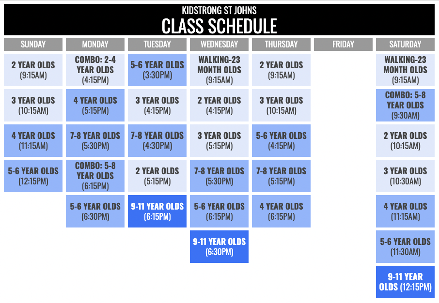 KidStrong St. Johns Schedule