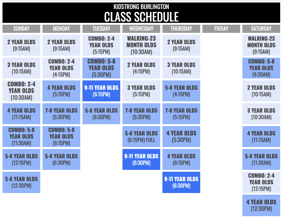 KidStrong Burlington Schedule