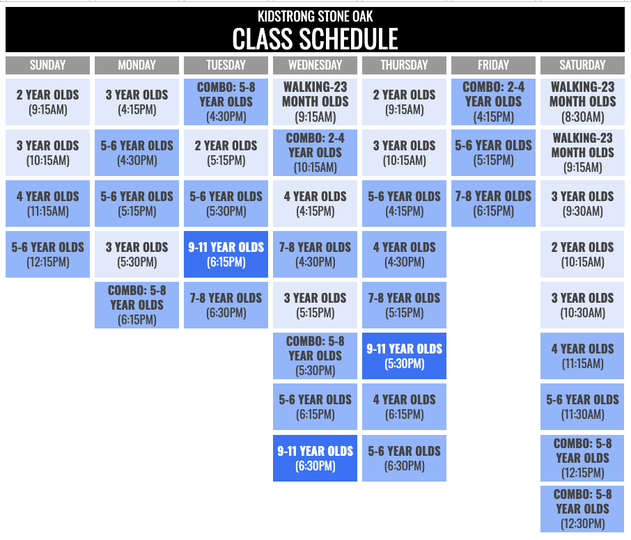 KidStrong Stone Oak Schedule