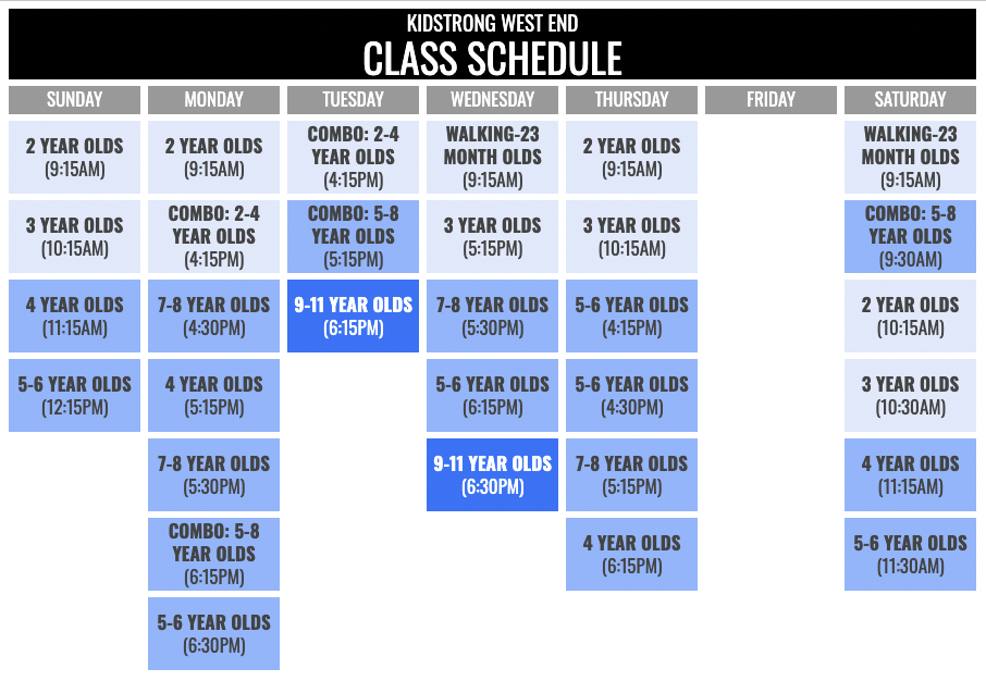 KidStrong West End Schedule
