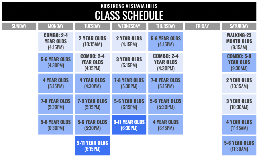 KidStrong Vestavia Hills Schedule