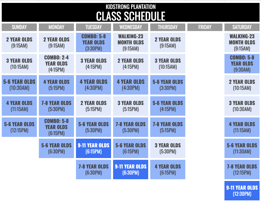 KidStrong Plantation Schedule