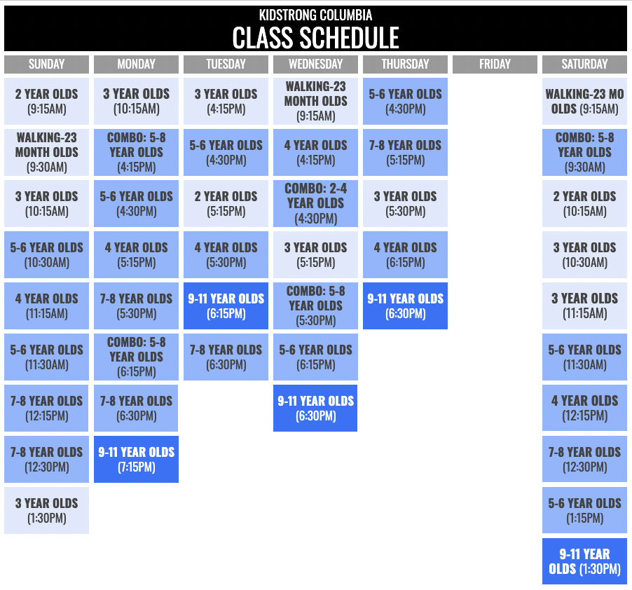 KidStrong Columbia Schedule