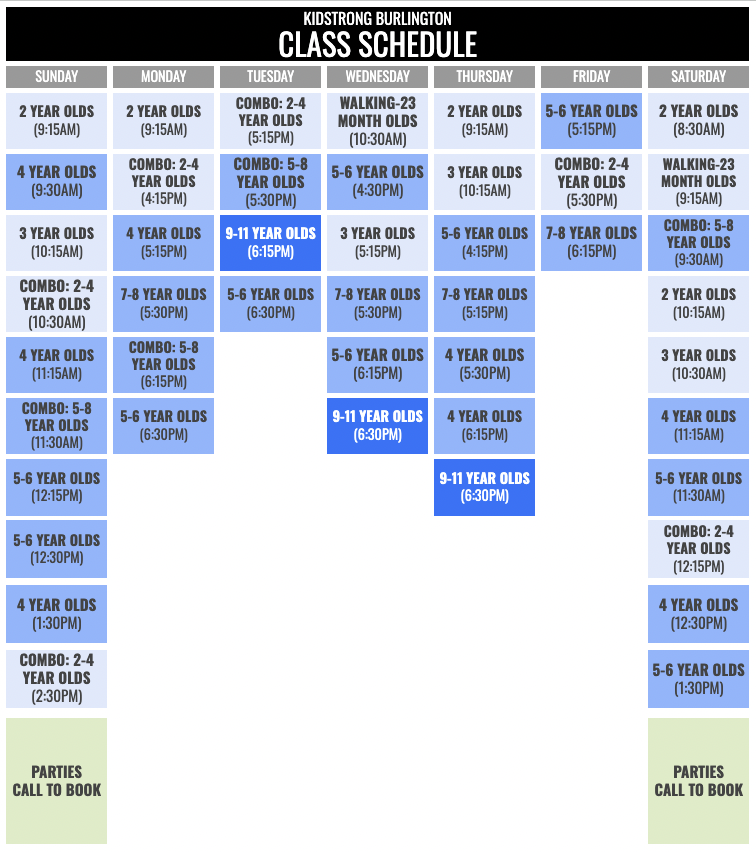 KidStrong Burlington Schedule