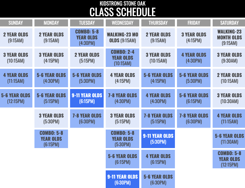 KidStrong Stone Oak Schedule