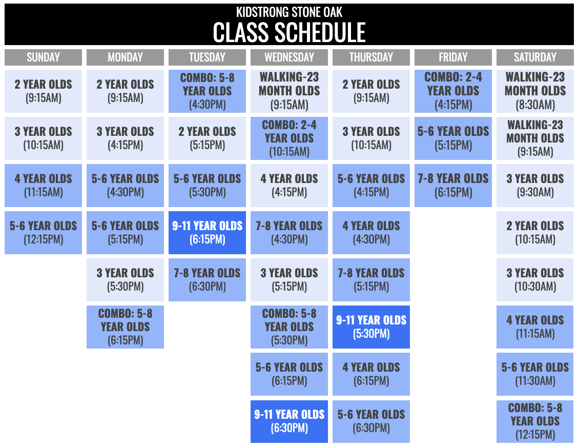 KidStrong Stone Oak Schedule