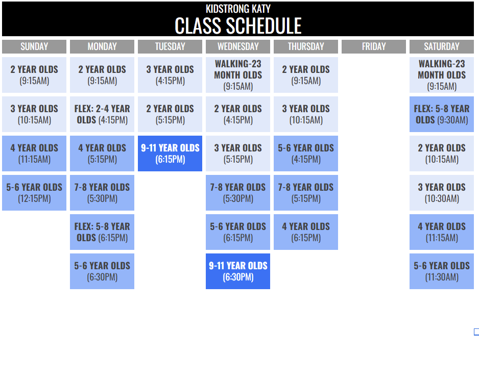 KidStrong Katy Schedule